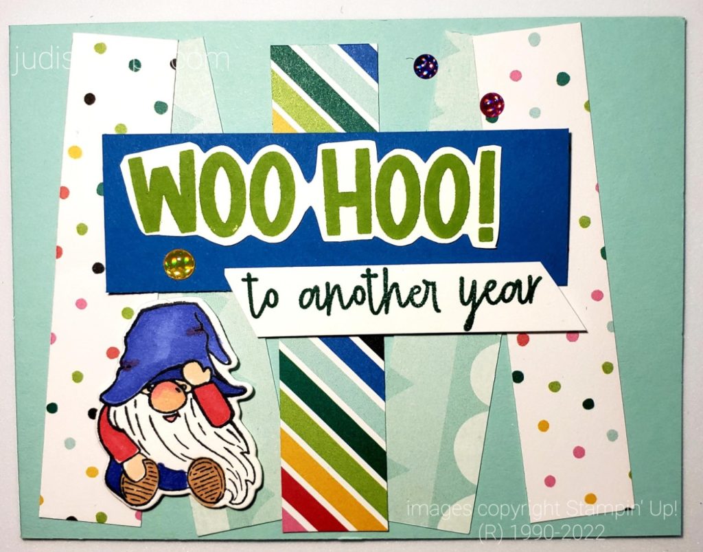 Paper scrap strips create a cute gnome card